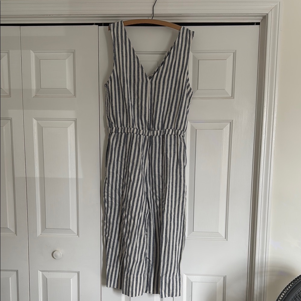 Striped V-Neck Sleeveless Jumpsuit Dress - Blue and White